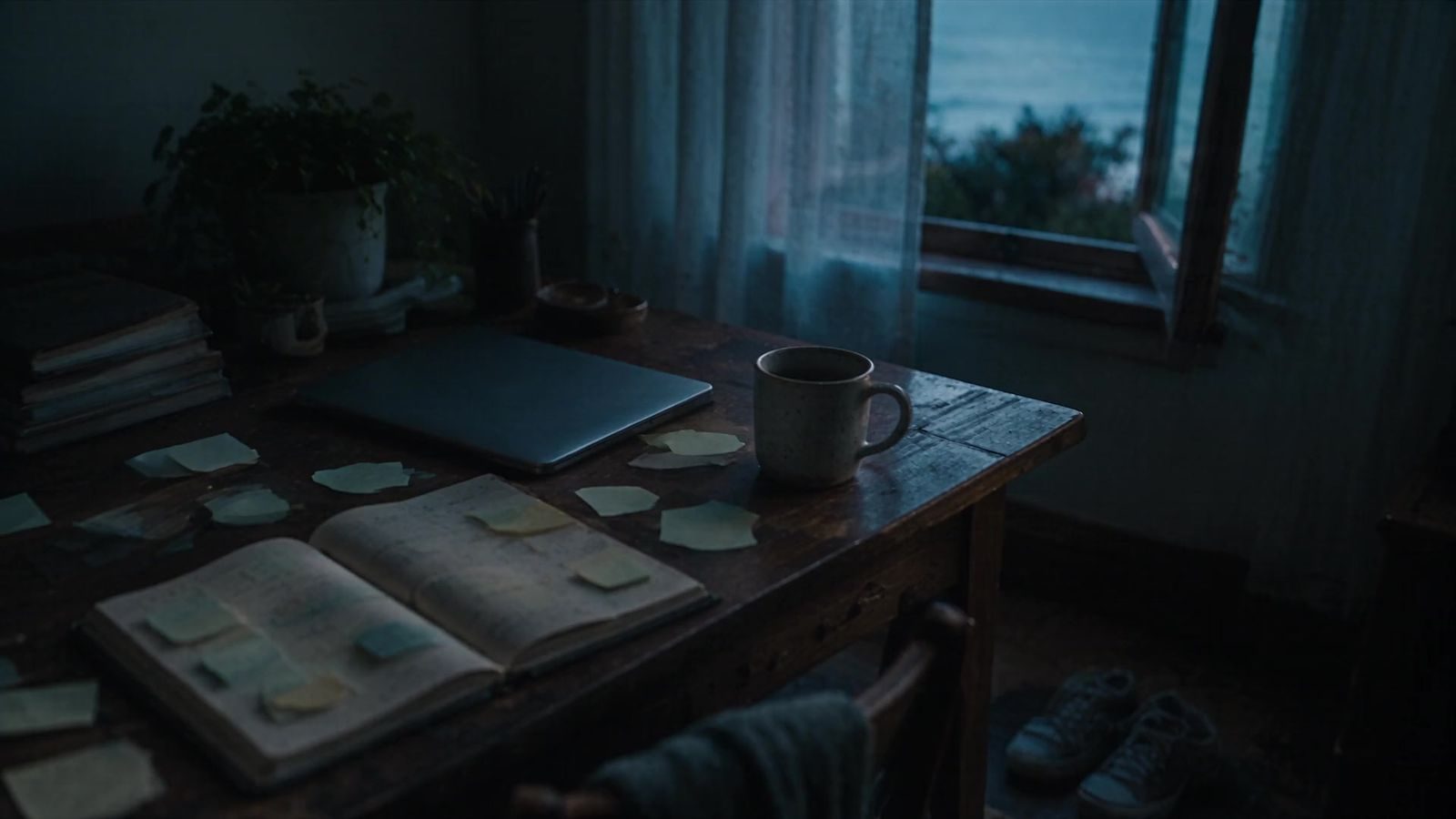 A cluttered desk at dusk with a planner overflowing with sticky notes.