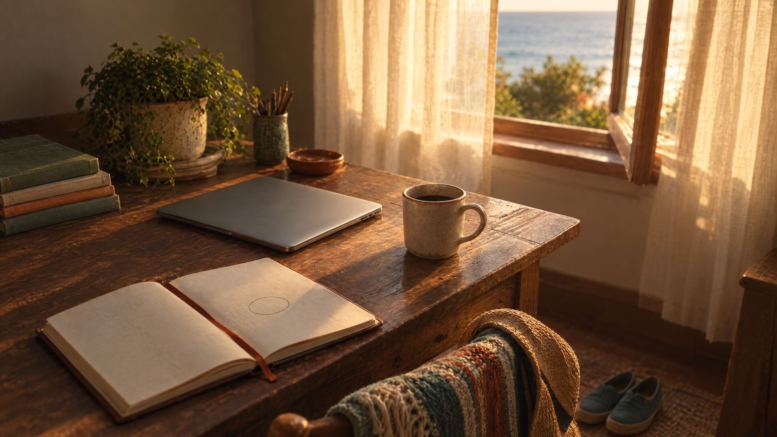 The same desk in warm afternoon light, cleared, with fresh coffee, a picnic blanket, and a sun hat ready by the open window.